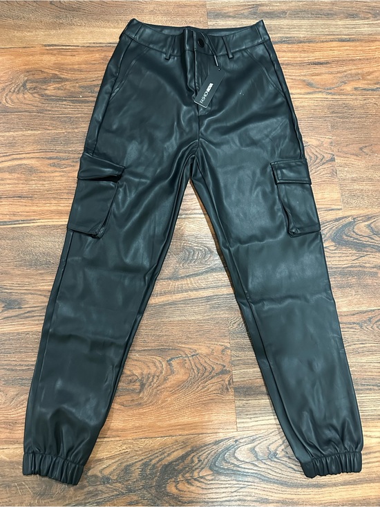 Pants - Women’s Black Faux Leather Cargo Jogger Pants - Unknown Brand